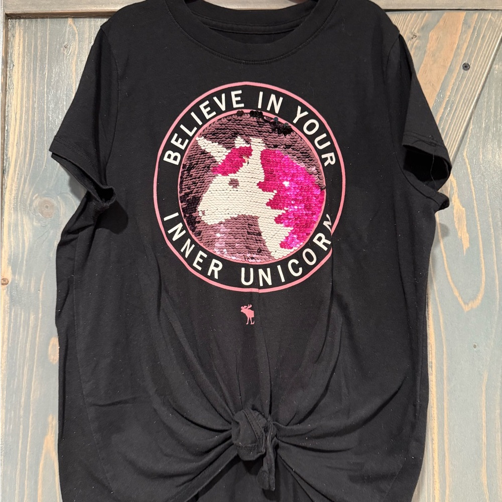 Abercrombie Kids Black Tee with Pink Sequin Unicorn